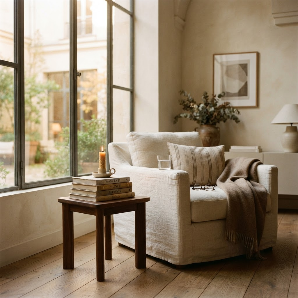 A lit candle in a calm, minimal interior