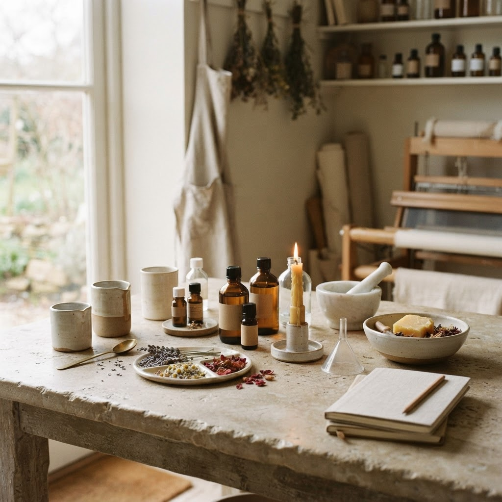 The SCENT studio workspace with candles and botanicals