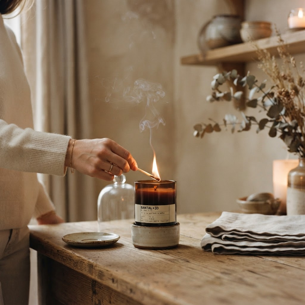 A hand lighting a SCENT candle in a calm, warmly lit room
